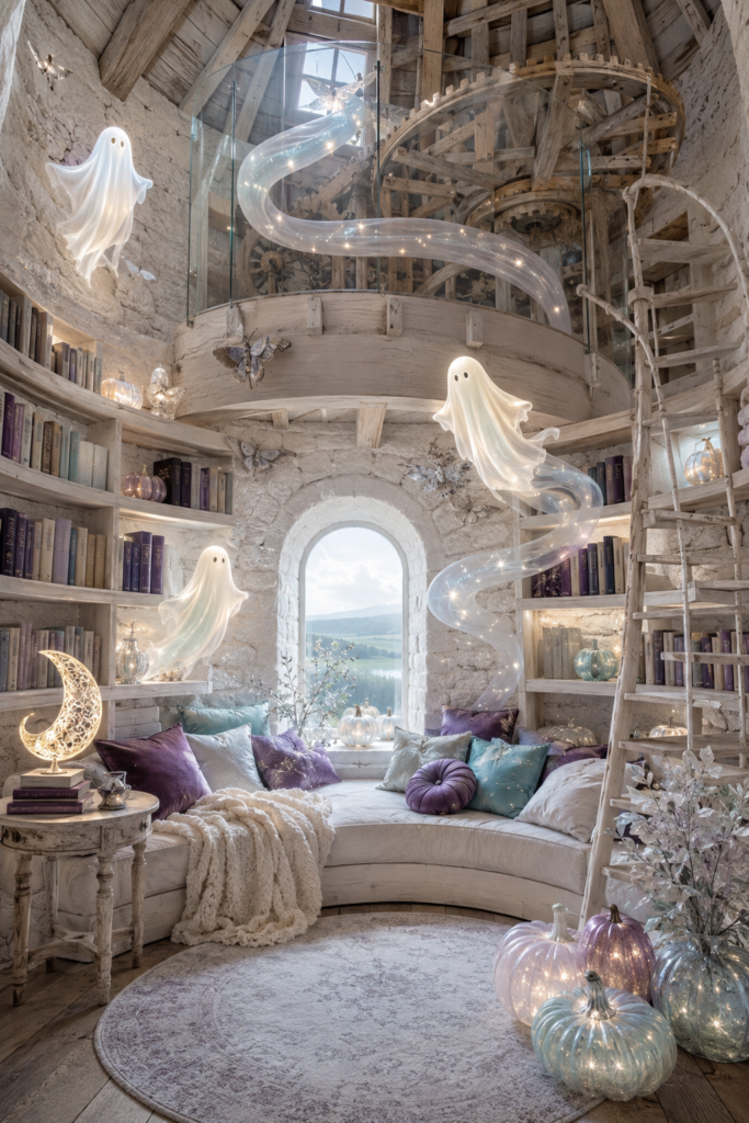 Enchanting ghost reading corner in whitewashed windmill