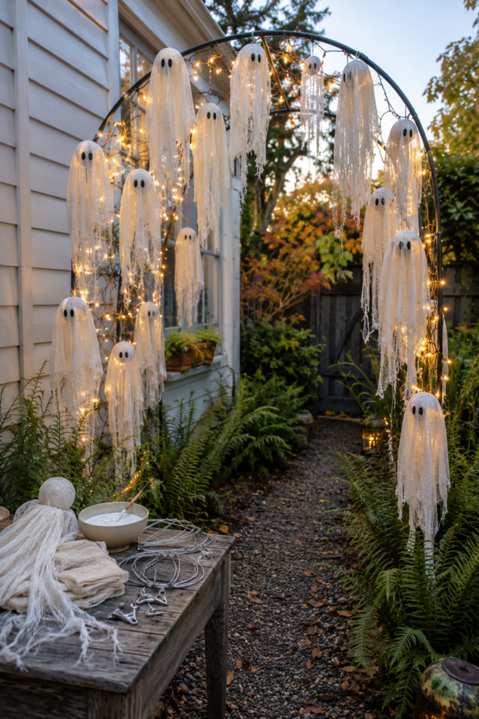 Glowing cheesecloth ghost garden arch DIY