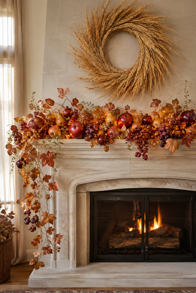 Glowing Fruit and Foliage Thanksgiving Mantel