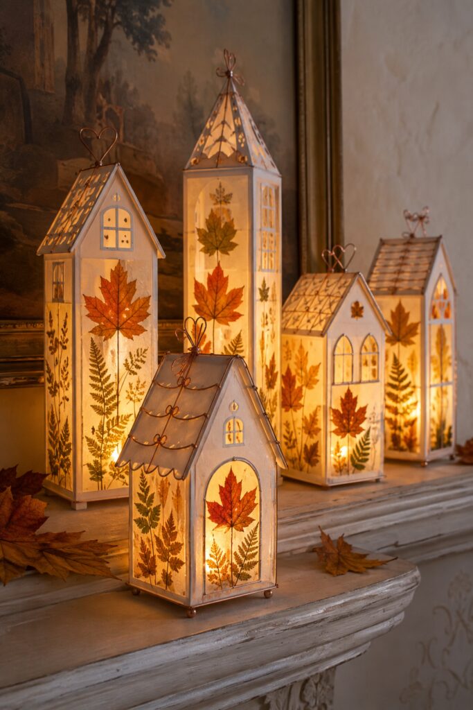 Pressed maple and fern leaves become luminous window panels in this handmade lantern village