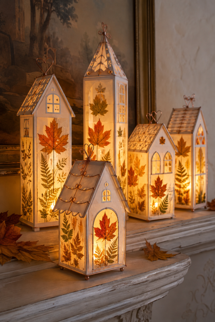 Pressed maple and fern leaves become luminous window panels in this handmade lantern village