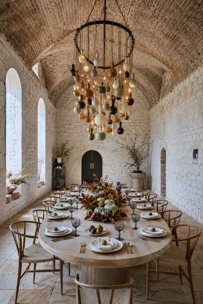 Gourd Chandelier Table in a Converted Icehouse