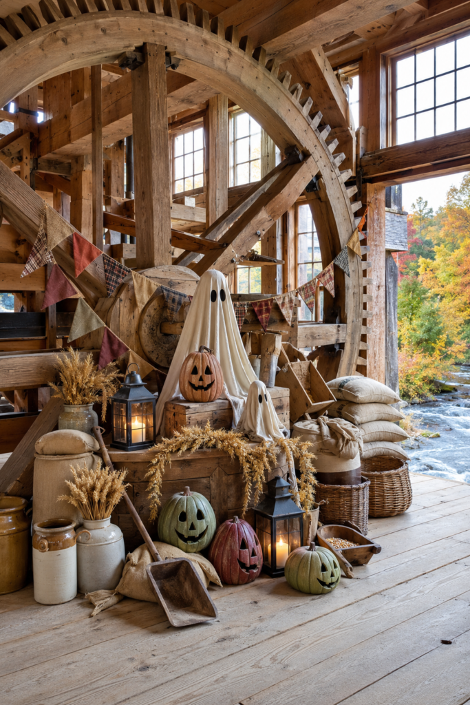 Historic gristmill decorated for Halloween with cream cloth ghosts