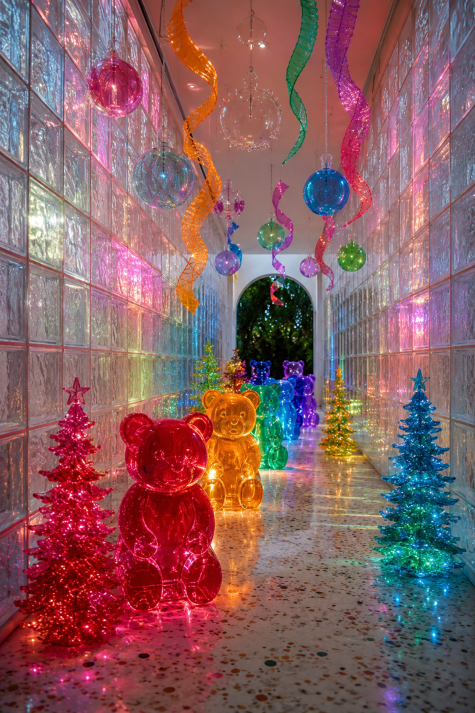 Procession of Christmas gummy bears in glass block passage