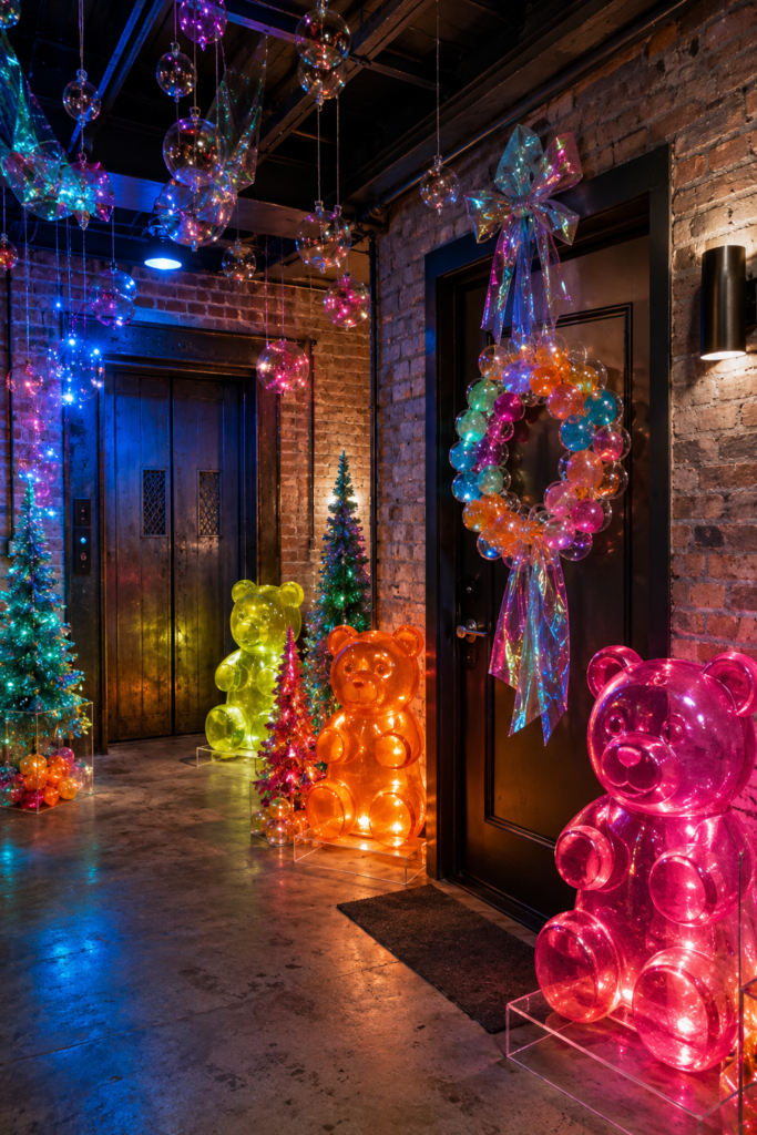 Gummy bear themed Christmas decor for industrial loft entryway