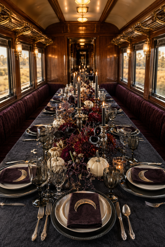 Halloween table in a vintage train dining car