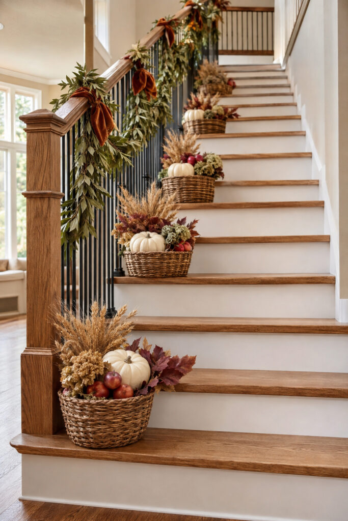 Harvest Baskets and Garland on Thanksgiving Staircase