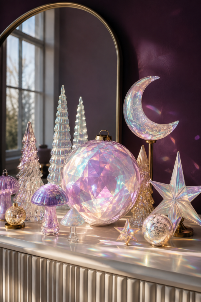 iridescent celestial Christmas collection with glass trees stars crescent moon mushrooms and faceted ornament