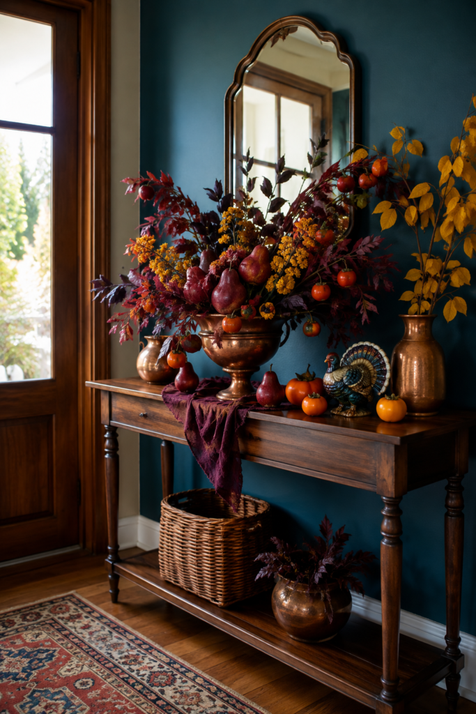 Jewel-Toned Color Drenched Harvest Welcome Console for Thanksgiving
