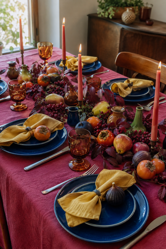 jewel tone Thanksgiving table with fruit foliage cobalt plates amber goblets and coral candles