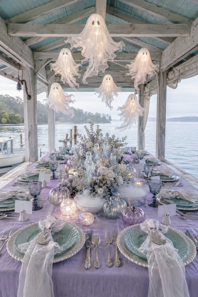 Luminous ghost Halloween table on boathouse deck