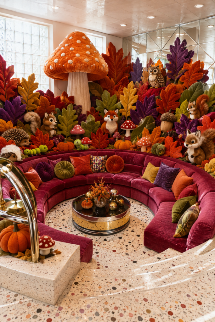 Maximalist creature sunken living room fall decor