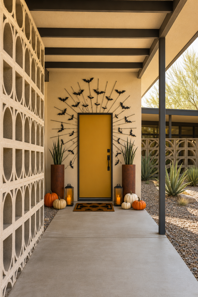 Mid-century carport Halloween entry decor