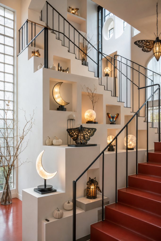 Moon and Moth Lamp Collection in a Bauhaus Stair Gallery