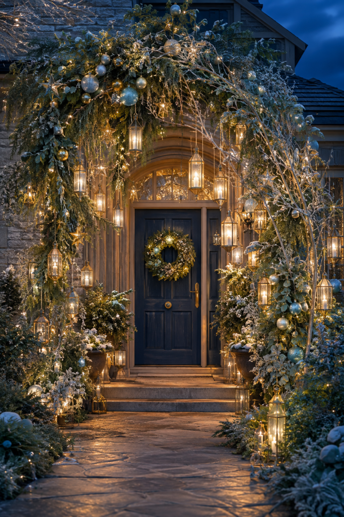 Moonlit Glass Lantern Christmas Entry with Boughs Filled with Ornaments