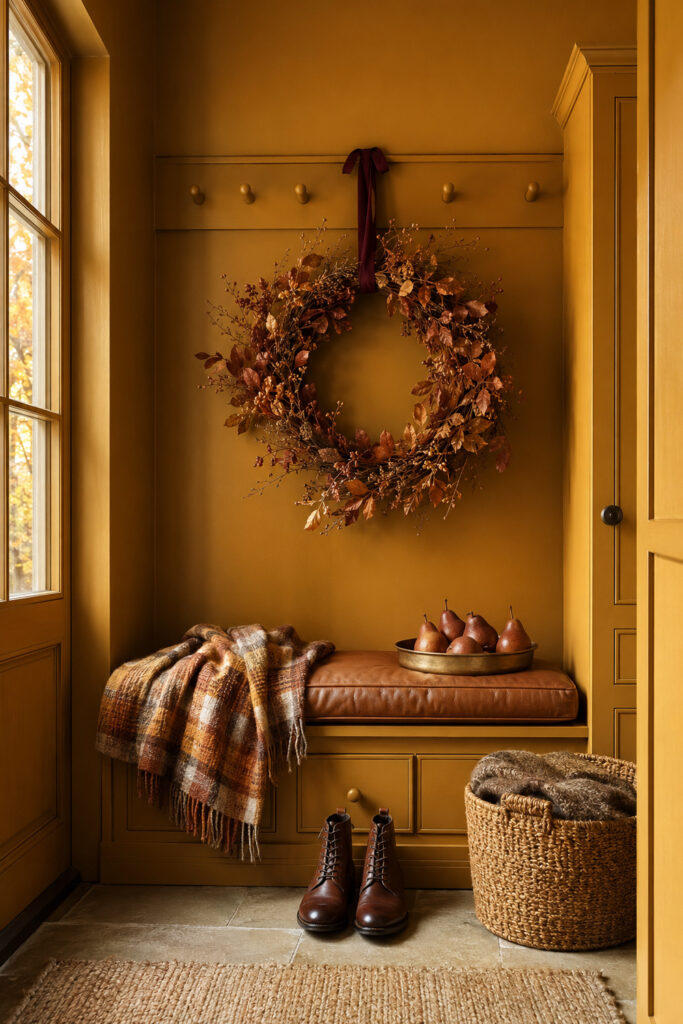 ochre fall boot room with a woodland wreath leather bench plaid throw boots and woven basket