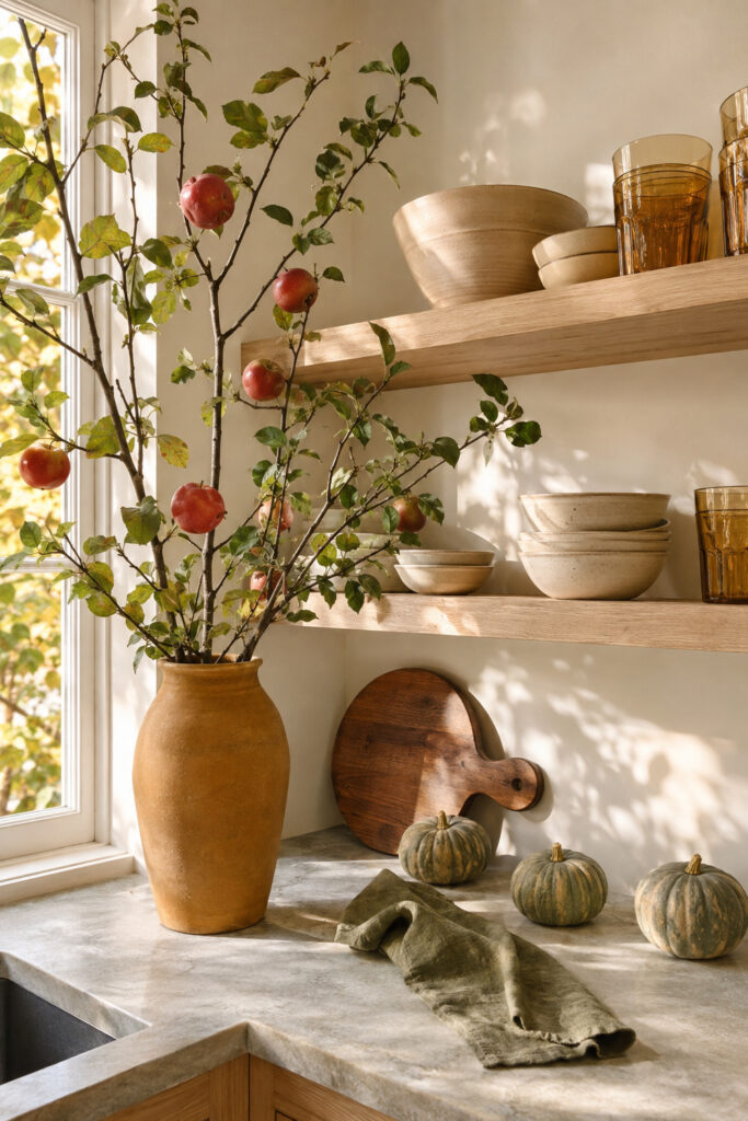 Ochre Pottery and Apple Branch Kitchen Shelves