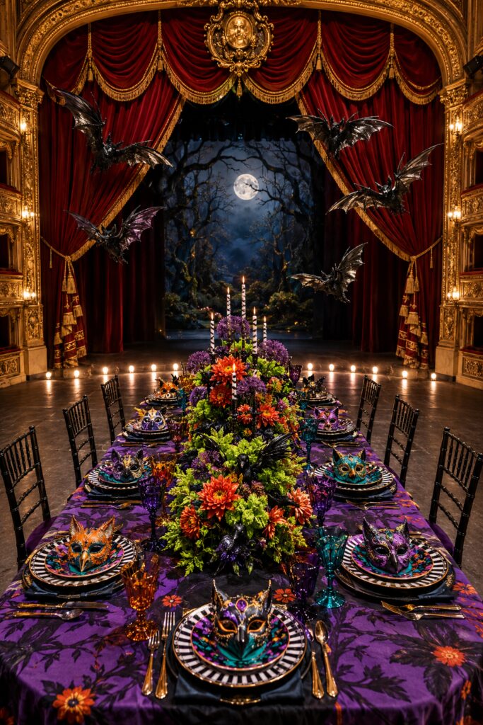 Opera stage maximalist Halloween table setting