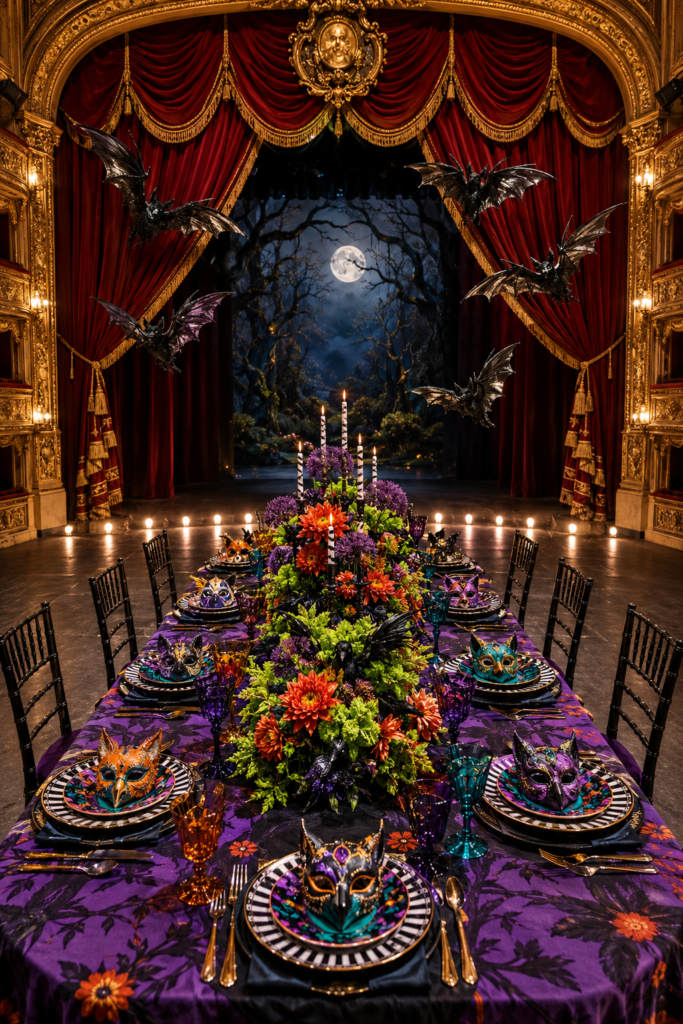 Opera stage maximalist Halloween table setting