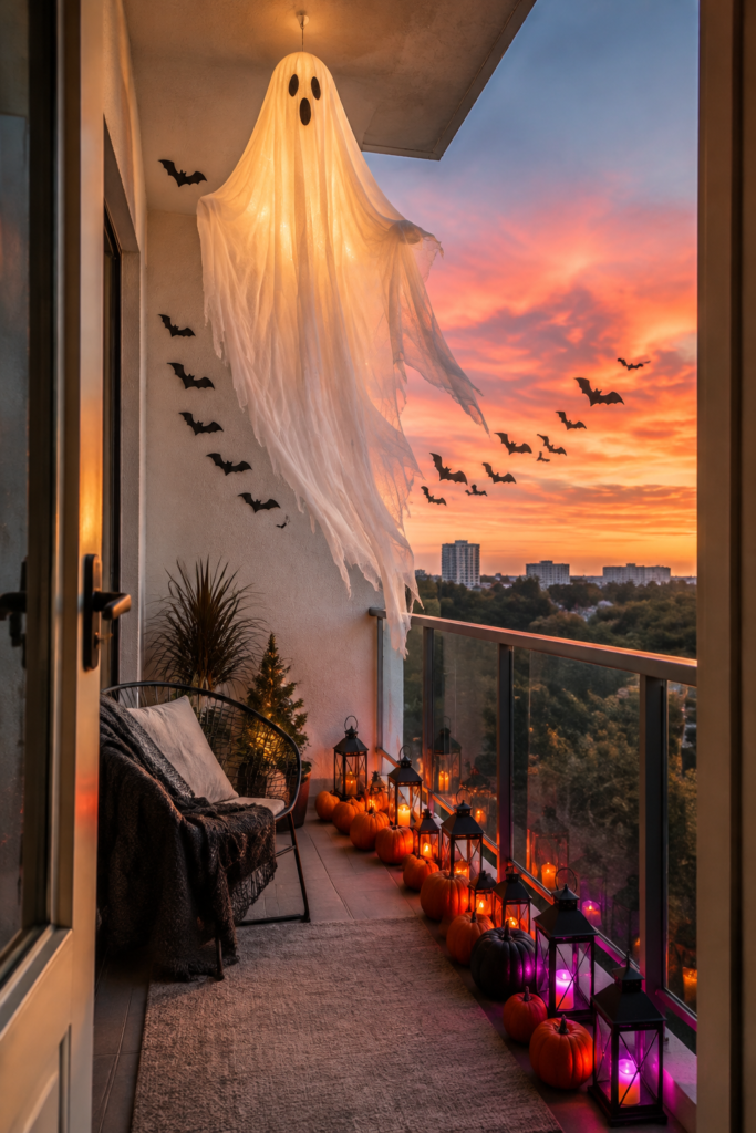 Oversized ghost apartment balcony Halloween decor
