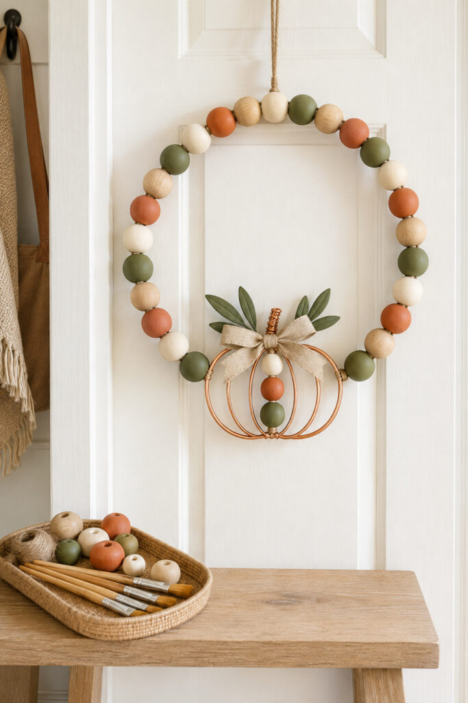 Painted Wood-Bead Pumpkin Wreath