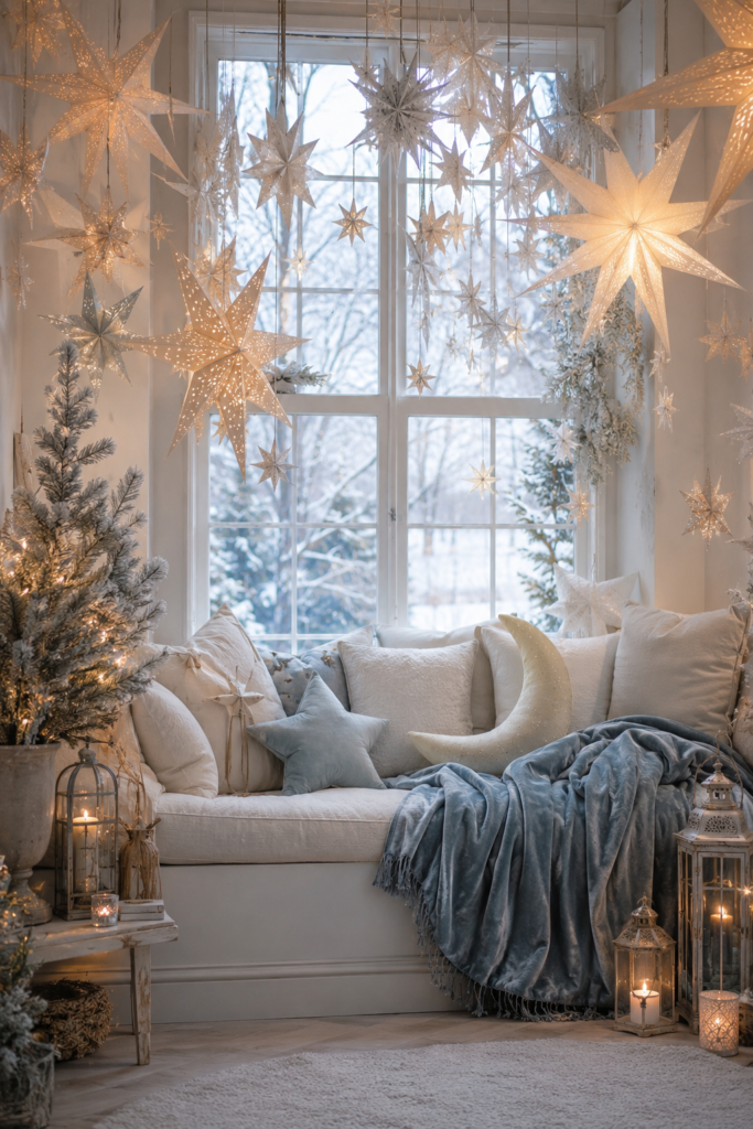 Paper star Christmas window retreat with glowing lanterns snowy tree blue blanket and celestial pillows