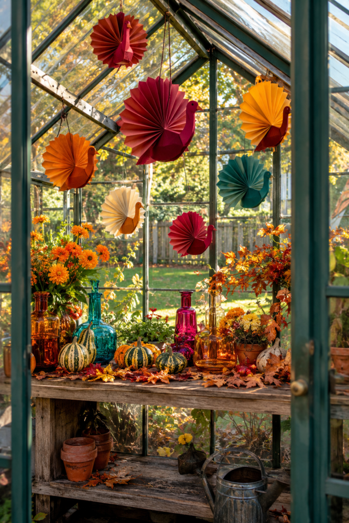 Paper Thanksgiving turkeys hanging from garden shed ceiling