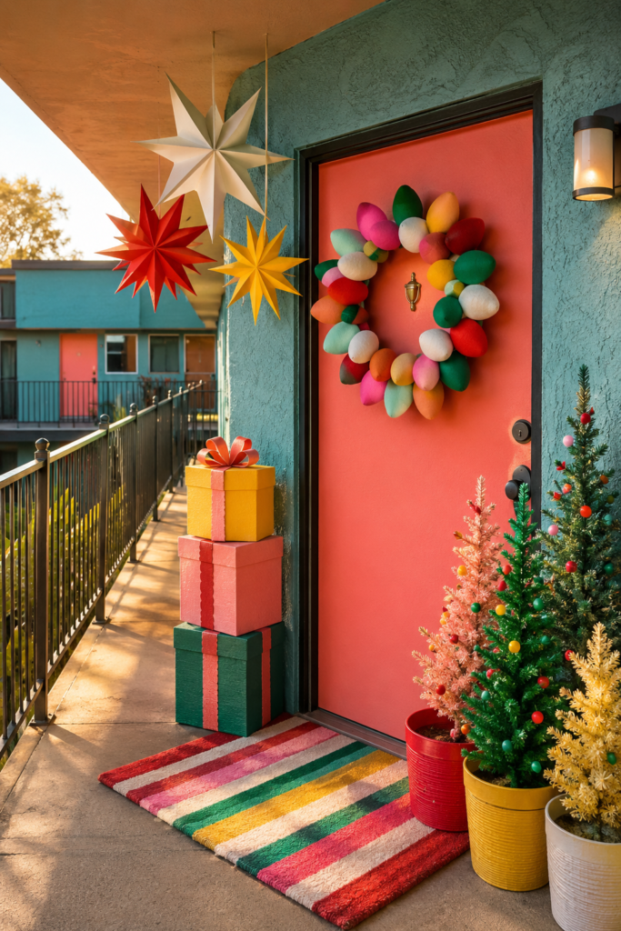 Playful apartment entrance decorated for Christmas with wreaths trees and cardboard presents