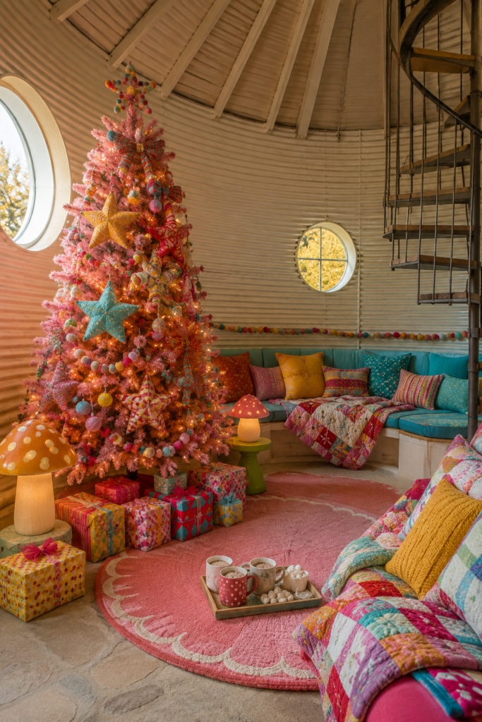Pink aqua and yellow Christmas tree in grain silo retreat