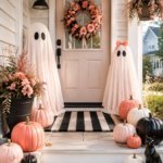 playful pink halloween front porch with tall ghosts