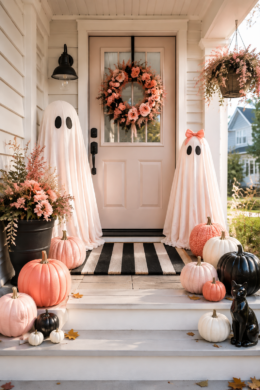 playful pink halloween front porch with tall ghosts