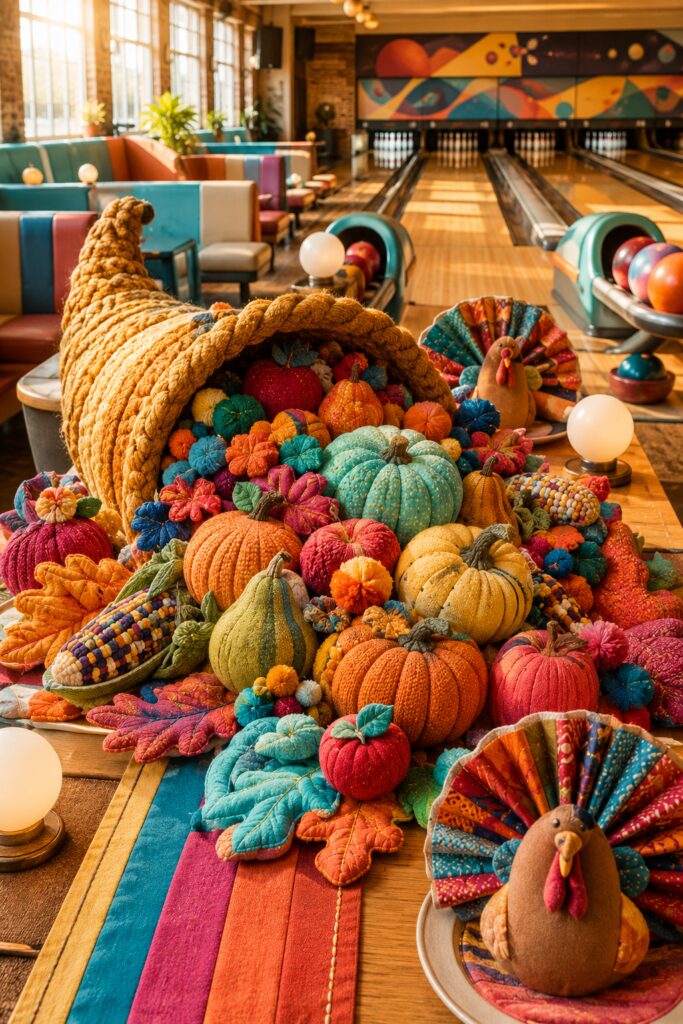 playful Thanksgiving bowling alley cornucopia 