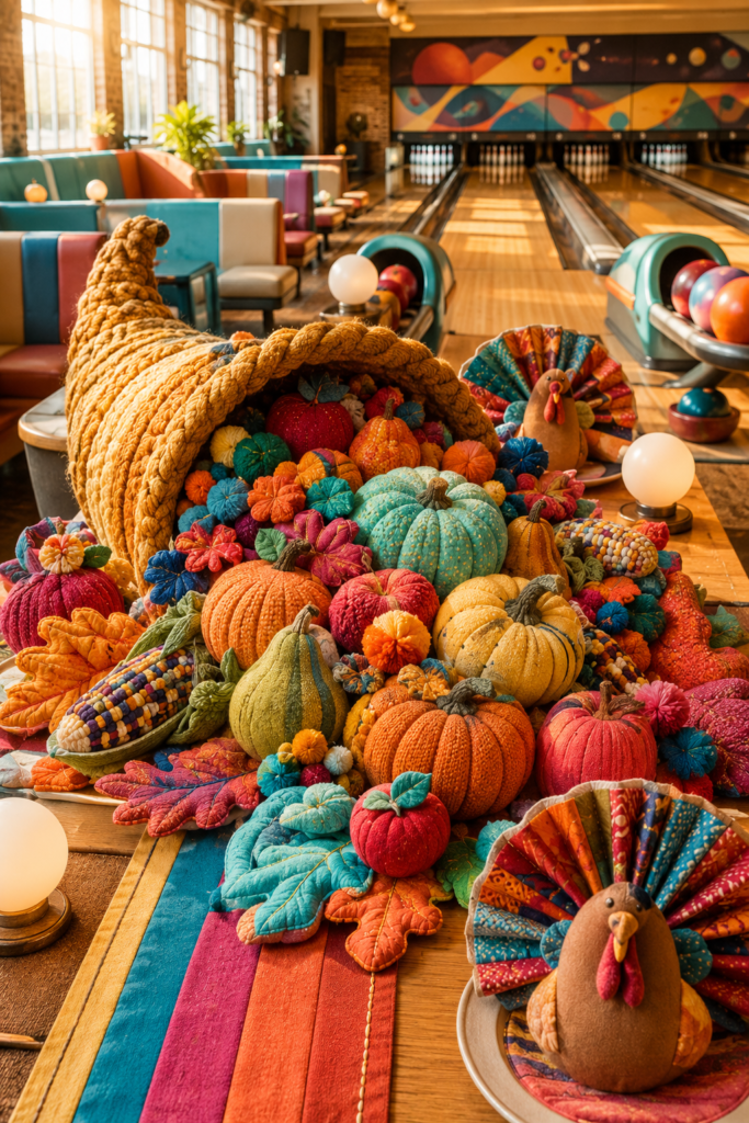 playful Thanksgiving bowling alley cornucopia