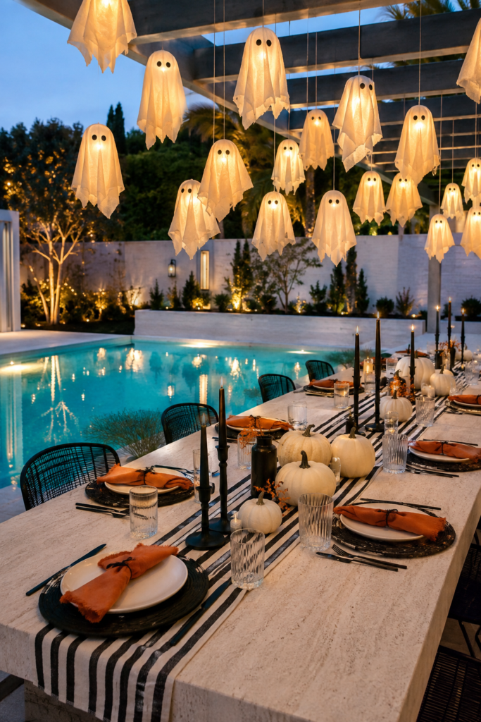 Floating ghost lantern poolside Halloween table