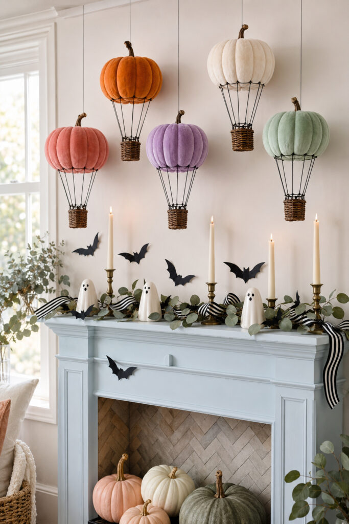 Fanciful Stuffed Pumpkin Balloon Over Halloween Mantel