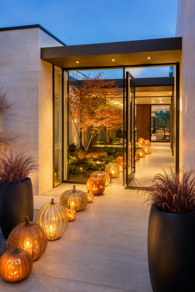 Pumpkin Lantern Procession Through a Glass Breezeway