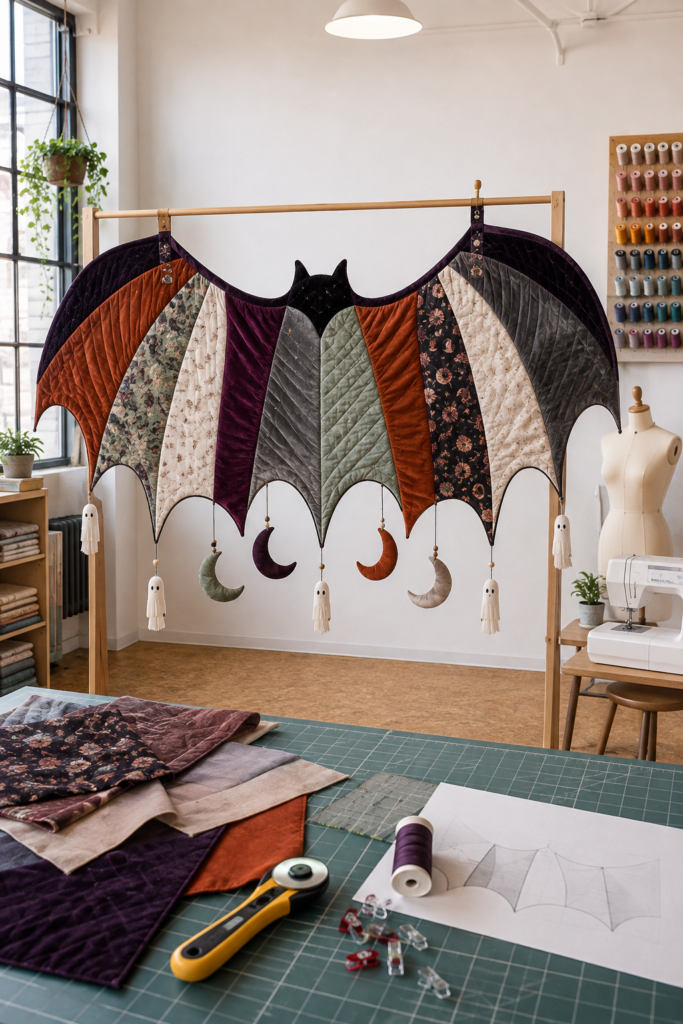 Quilted bat wing wall hanging Halloween DIY