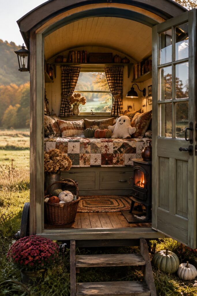 Quilt-lined shepherd hut fall reading nook with gingham curtains