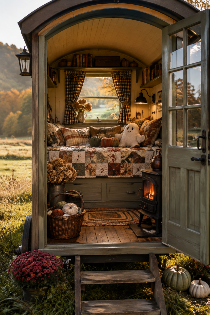 Quilt-lined shepherd hut fall reading nook with gingham curtains