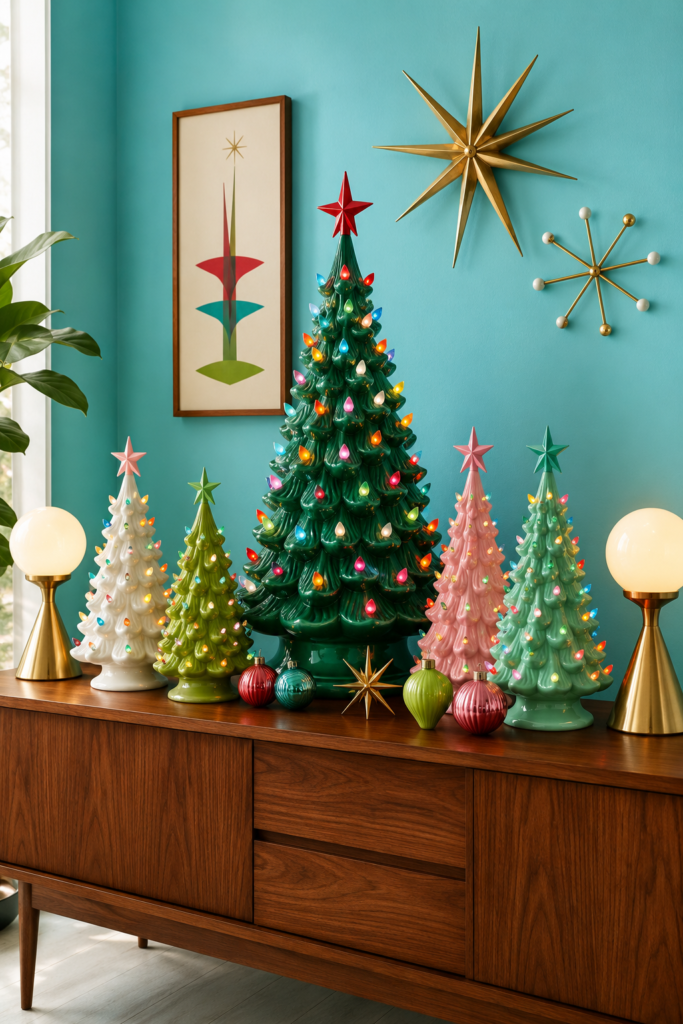 retro ceramic Christmas tree collection in green white pink olive and mint with atomic brass accents
