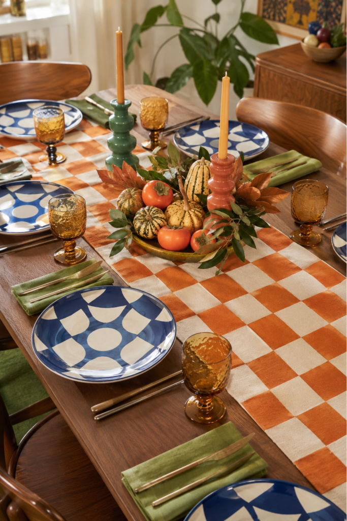 Checkerboard Harvest Tables with 1970s Vibe in Blue and Orange