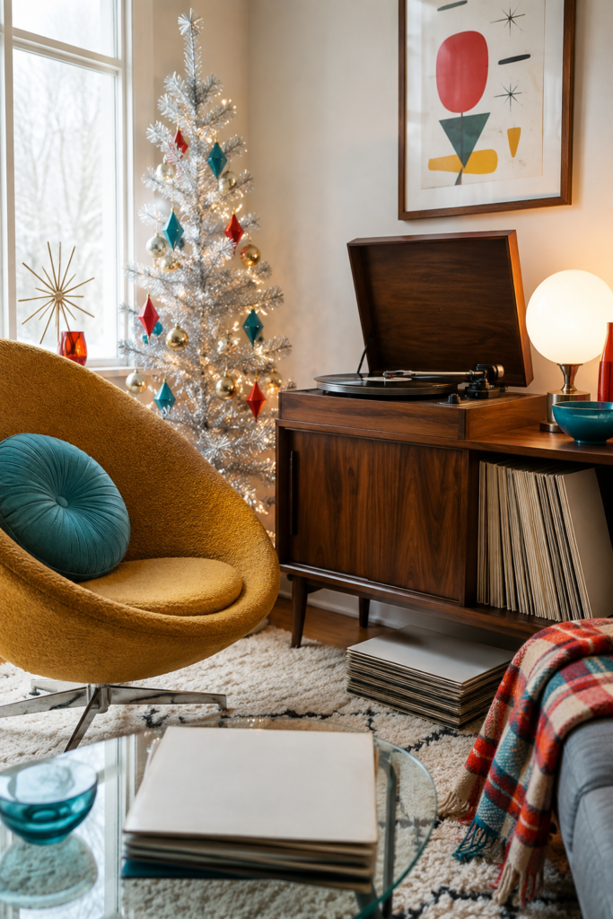 Retro Christmas record listening corner with silver tree walnut turntable cabinet mustard chair and teal accents
