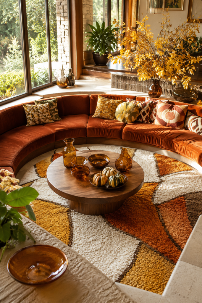 nostalgic sunken lounge with rust velvet seating retro rug amber glass and golden fall branches