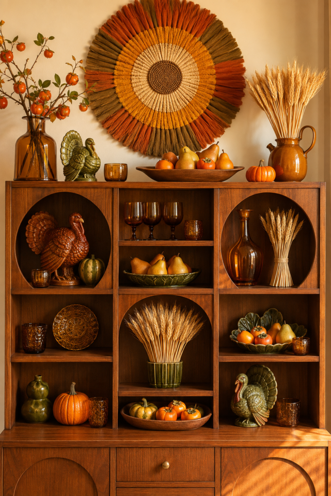 1970s Thanksgiving harvest hutch with woven sunburst amber glass wheat and ceramic turkeys