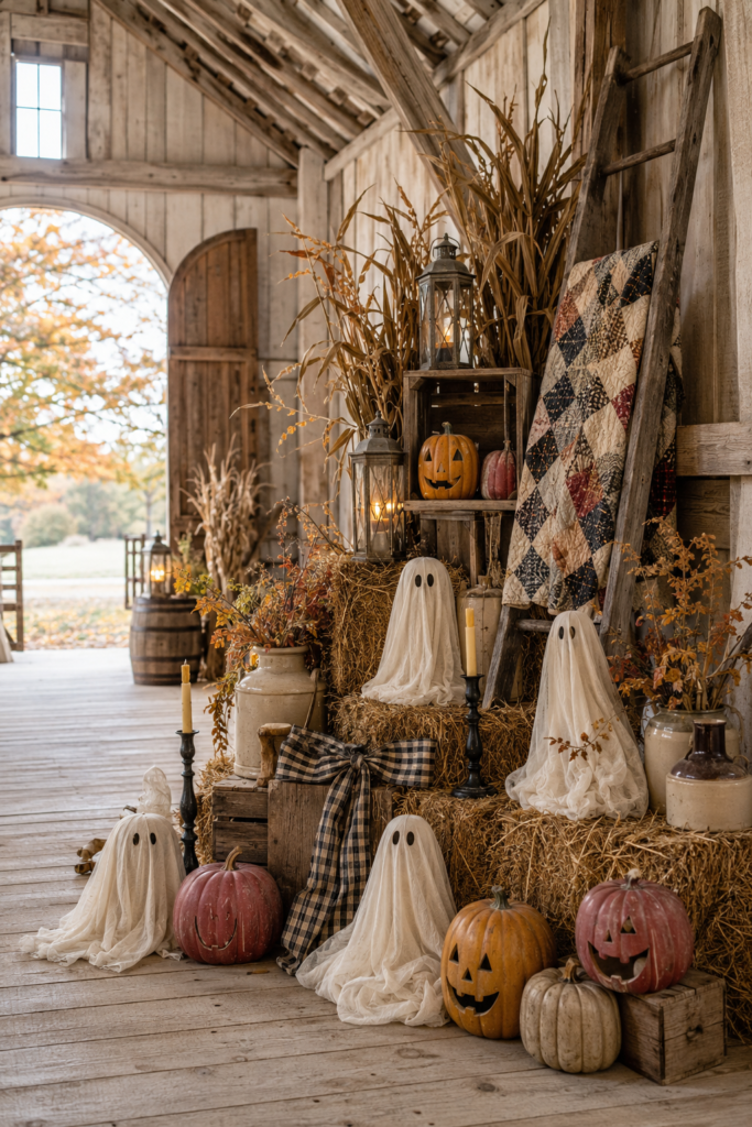 Rustic barn hayloft decorated with cream ghosts pumpkins lanterns and a patchwork quilt for Halloween
