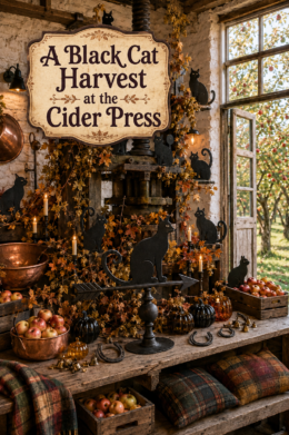 rustic fall corner with black cats Cider-press styling