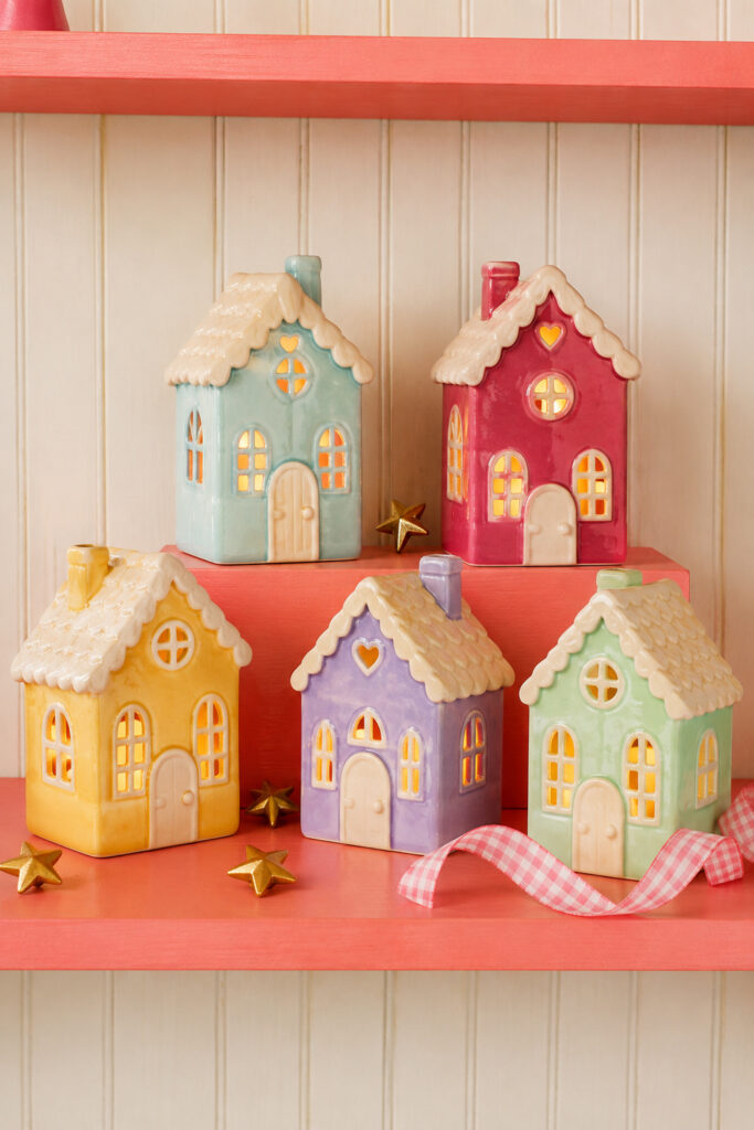 Fanciful Scalloped Ceramic Christmas Candle Houses
