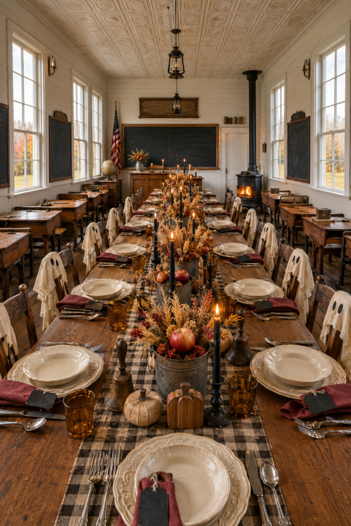 Halloween harvest table inside a bright one-room schoolhouse 