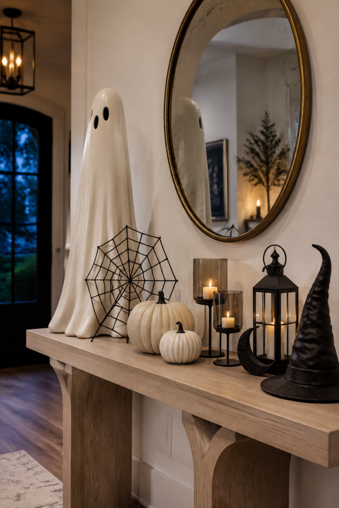 Sculptural black and ivory Halloween foyer decor