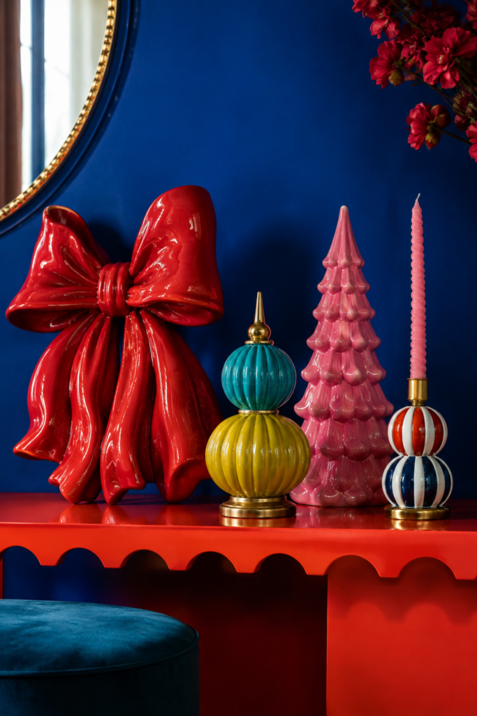 sculptural Christmas accents with a glossy red bow pink ceramic tree and striped candlestick